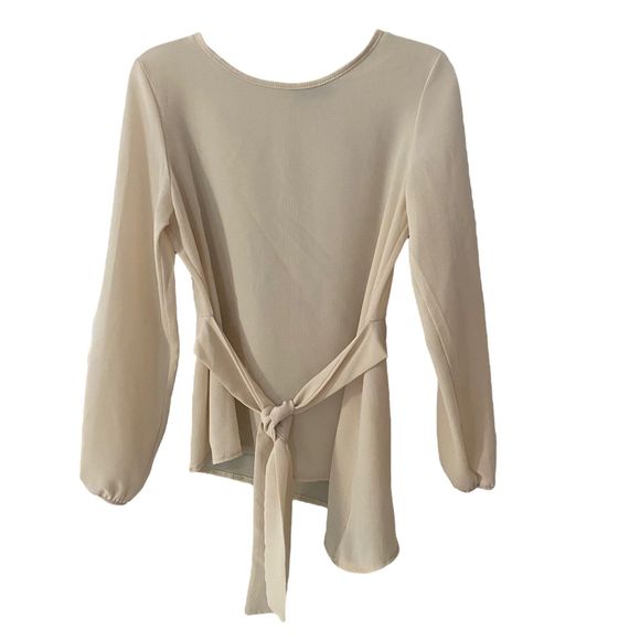 Boohoo Women Asymmetric Cream Blouse Top Puffy Long Sleeves Front Tie Size 4 - Picture 4 of 10